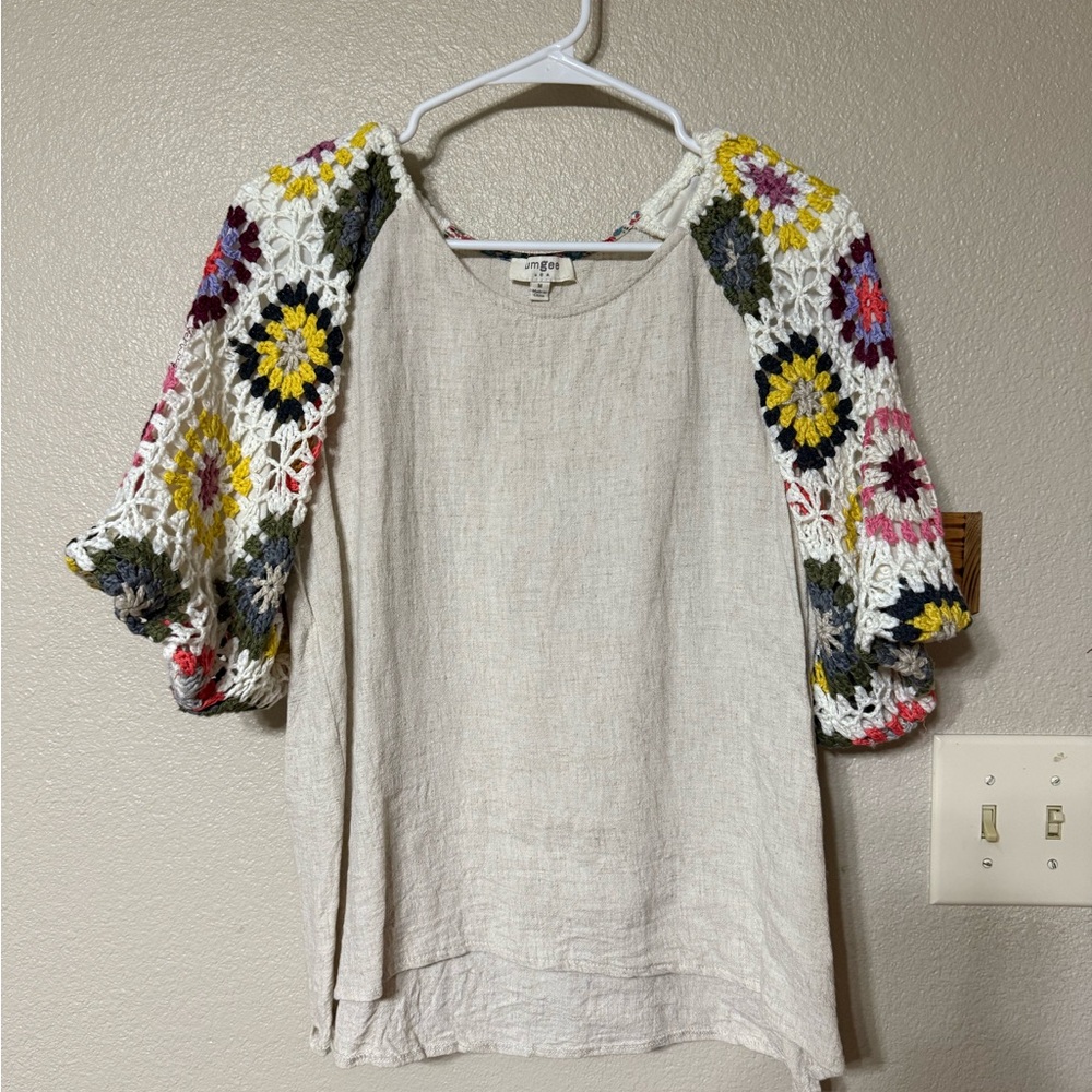 Umgee Beige Blouse with Multicolor Crochet Sleeves